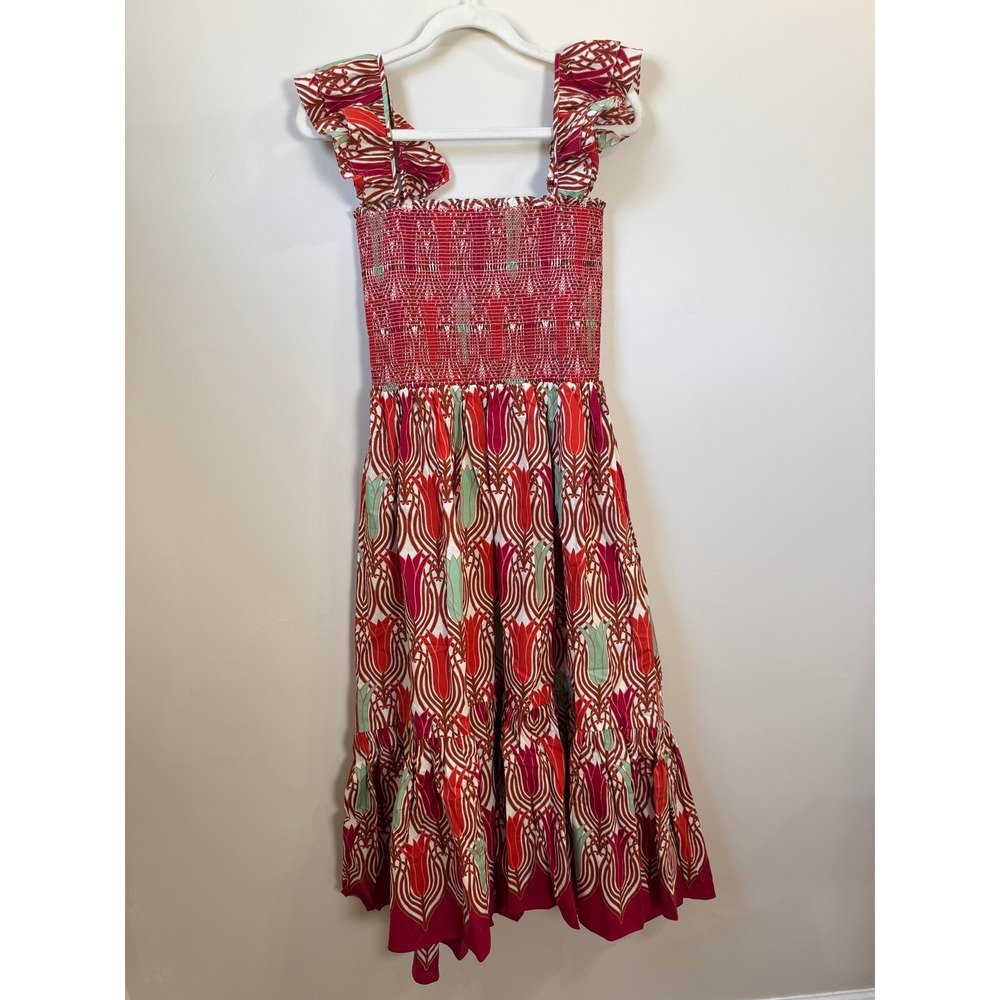 Cara Cara Smocked Midi Dress Red Tulip Print Ruffle Strap Tiered NWT - Picture 3 of 6